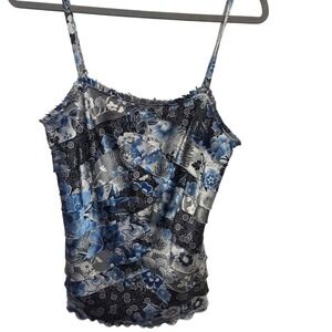 Y2K MIXIT Women's Floral Cami Tank Top Blue Gray Black Patchwork Ruffle Trim M
